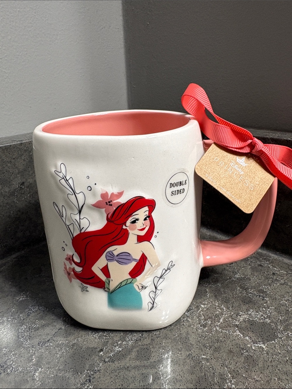 Rae Dunn Little Mermaid  Ceramic Mug with Pink Interior, Pink Handle —